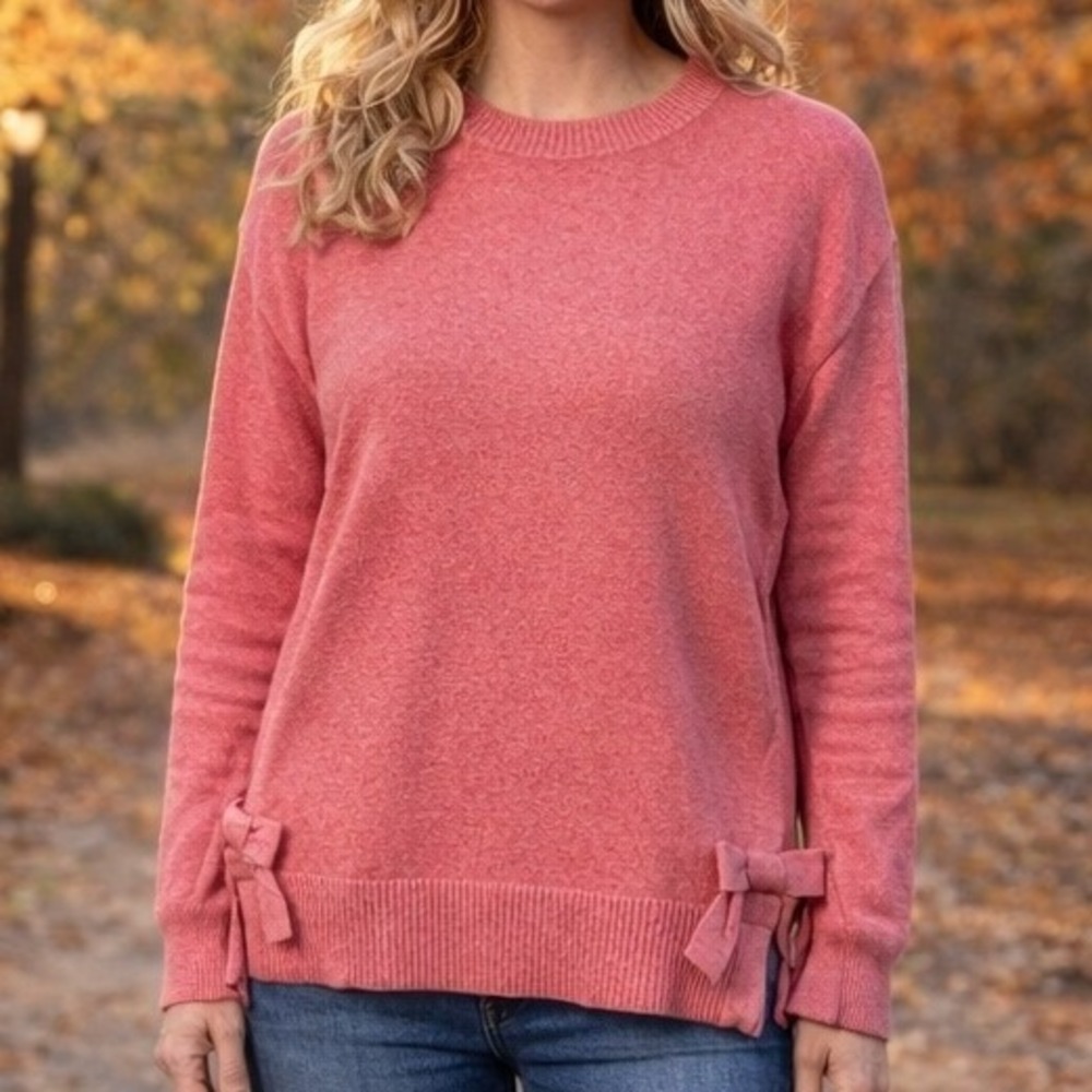 Charlie B Womens S Pink Bow Side Slit Crew Neck Sweater Feminine Luxury  NWT